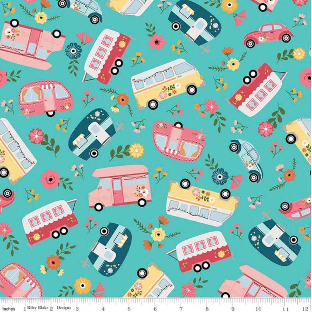 Riley Blake Designs Pattern C14790-COTTAGE Gone Glamping by Lori Whitlock 2024 - Main - Aqua Fabric / Tossed Trailer Print