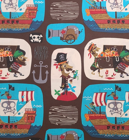 Artists of Kolea Licensing Group & Johnny Yanok David Textiles Inc - Dark Brown Fabric / Brightly Colored Cartoon-Style Pirates Blocks