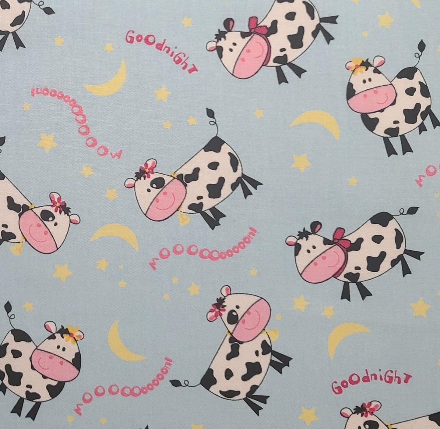 EOB - Sky Blue Fabric / Black and White Cartoon-Style Cow Print / Pink Good Night Script
