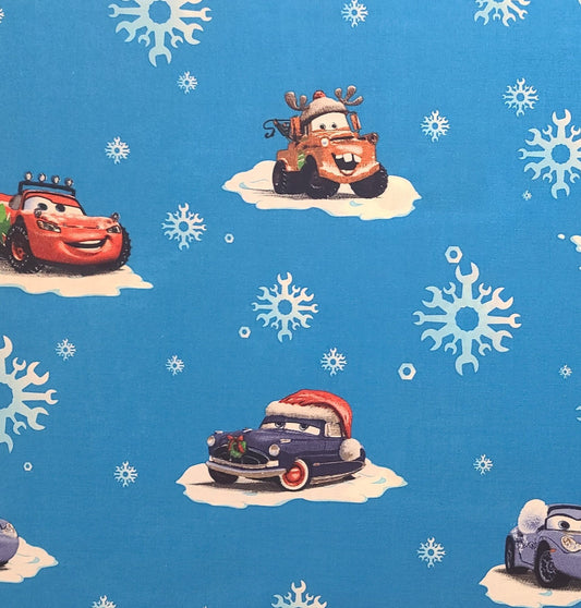 EOB - CP32367 Cars Winter Flakes Disney Presents Pixar Film Cars Springs CPG 2009 - Bright Blue Fabric / Snowflake and Cars Print