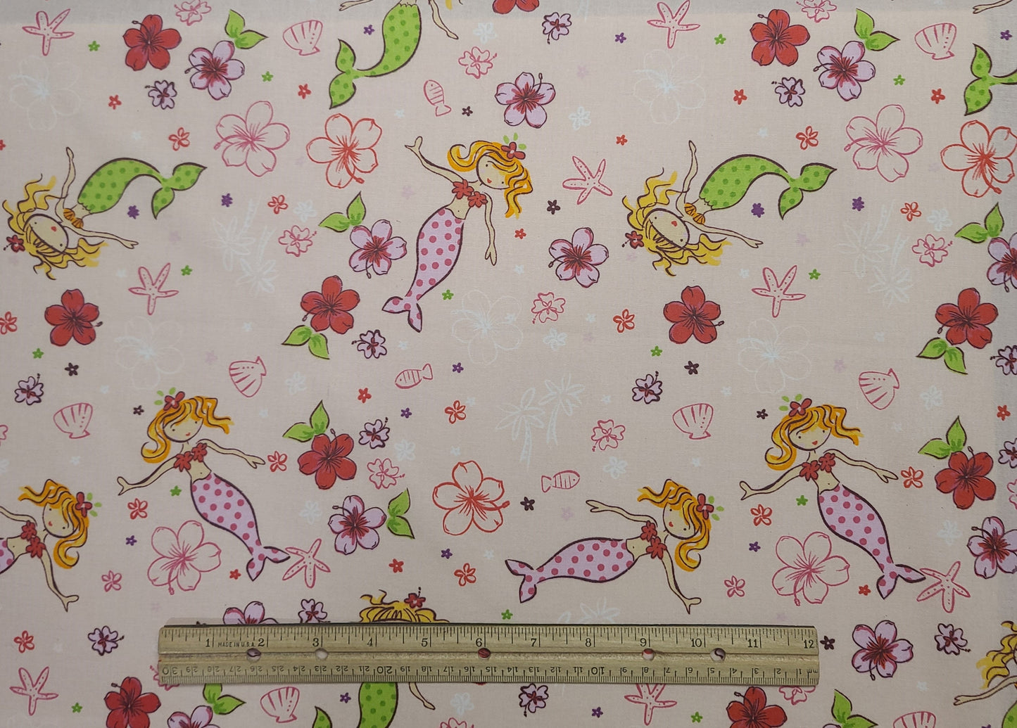 JoAnn Fabrics - Pink Fabric / Brightly Colored Cartoon-Style Mermaid Print