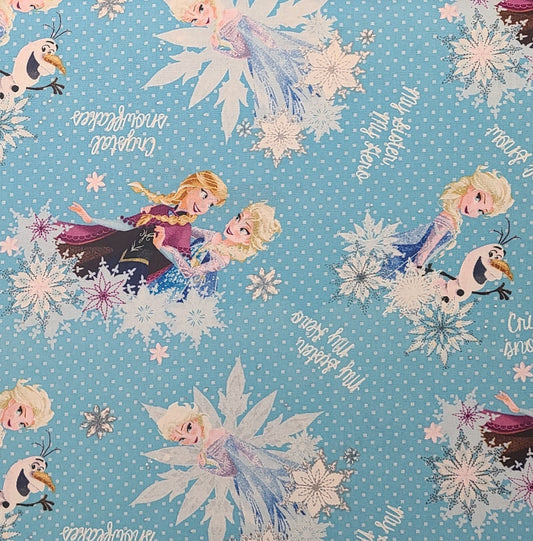EOB - CP58182 Crystal Snowflakes Disney for Springs Creative Products Group 2015 - Bright Blue and White Fabric / Tossed Frozen Characters