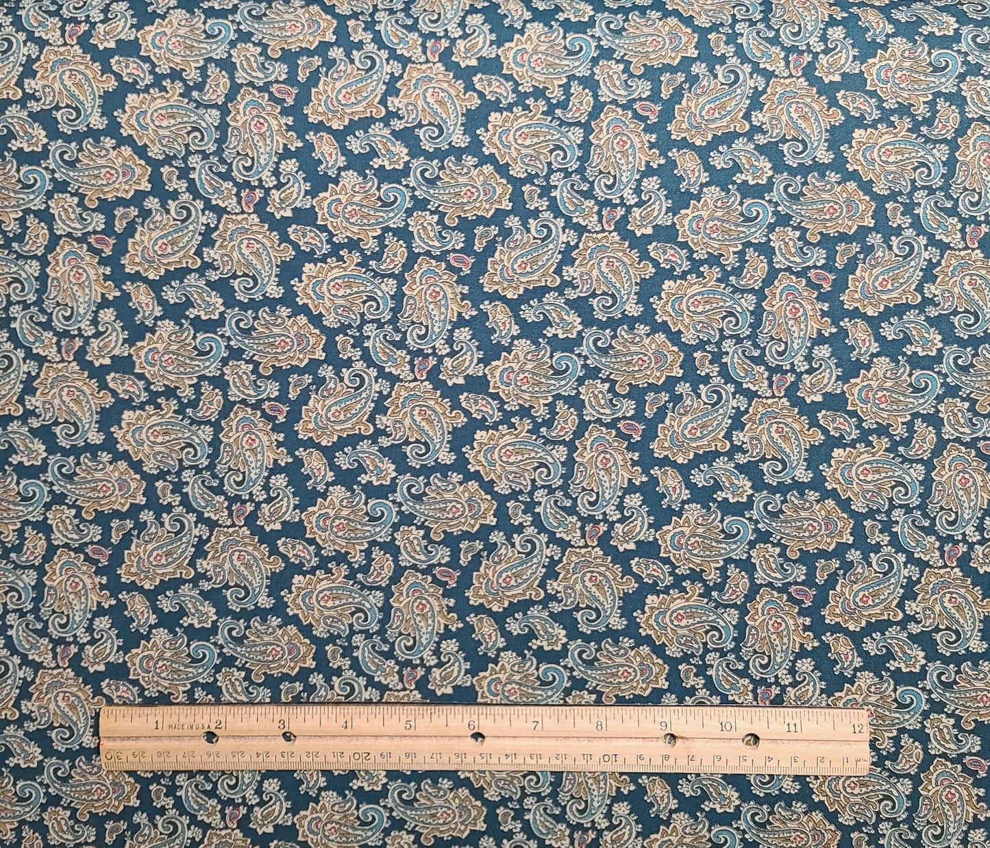 Dark Teal Fabric / Teal, Dusty Rose, Tan Paisley Print - Selvage to Selvage Print