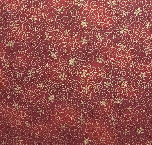 Merry! Merry! Style #B874 by Hoffman International Fabrics - Dark Red Tonal Fabric / Gold Metallic Scroll and Snowflake Print