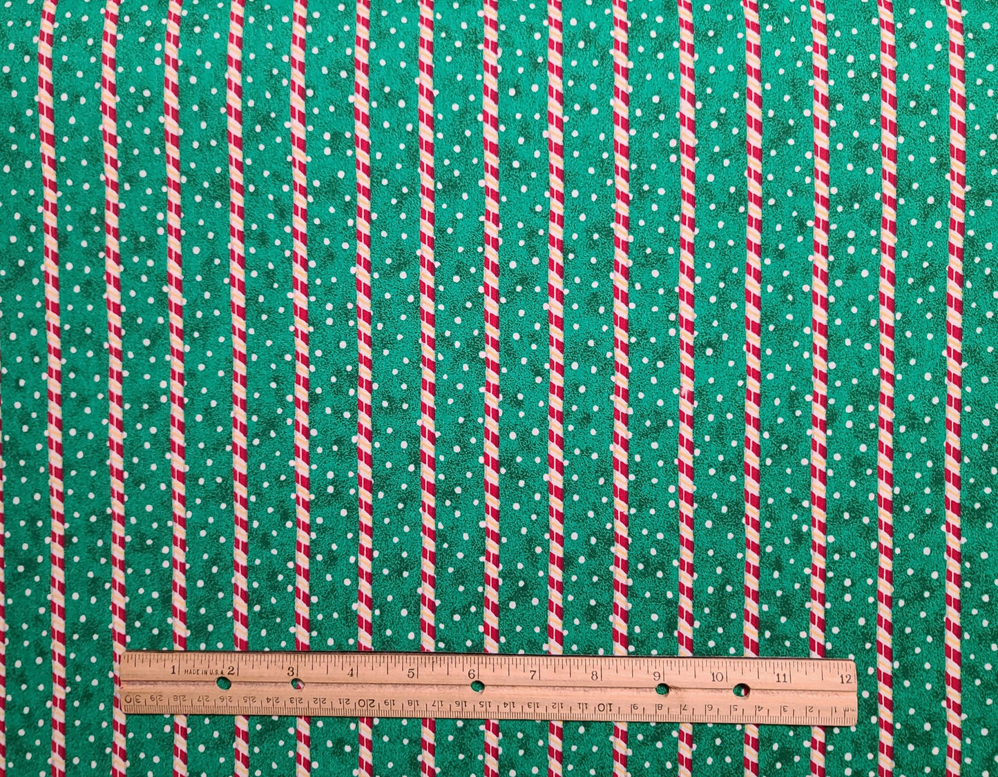 Kandy Kane Stripe by Kathy for Daisy Kingdom 1996 #38122 - Green Tonal with White Spot Fabric / Red, White, Gold Candy Cane Border Stripe