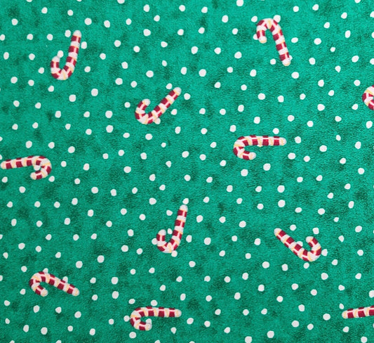 Kandy Kane Toss by Kathy for Daisy Kingdom 1996 #38123 - Green Tonal with White Spot Fabric / Red, White, Gold Tossed Candy Cane Print