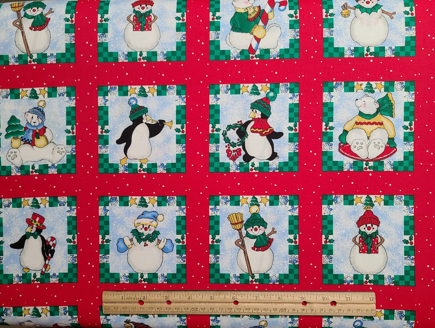 Laurie for Daisy Kingdom 1996 #B38111 Craft Squares - Red Fabric, White Spot / Christmas Framed Snowmen, Penguins, Polar Bear Cheater Cloth