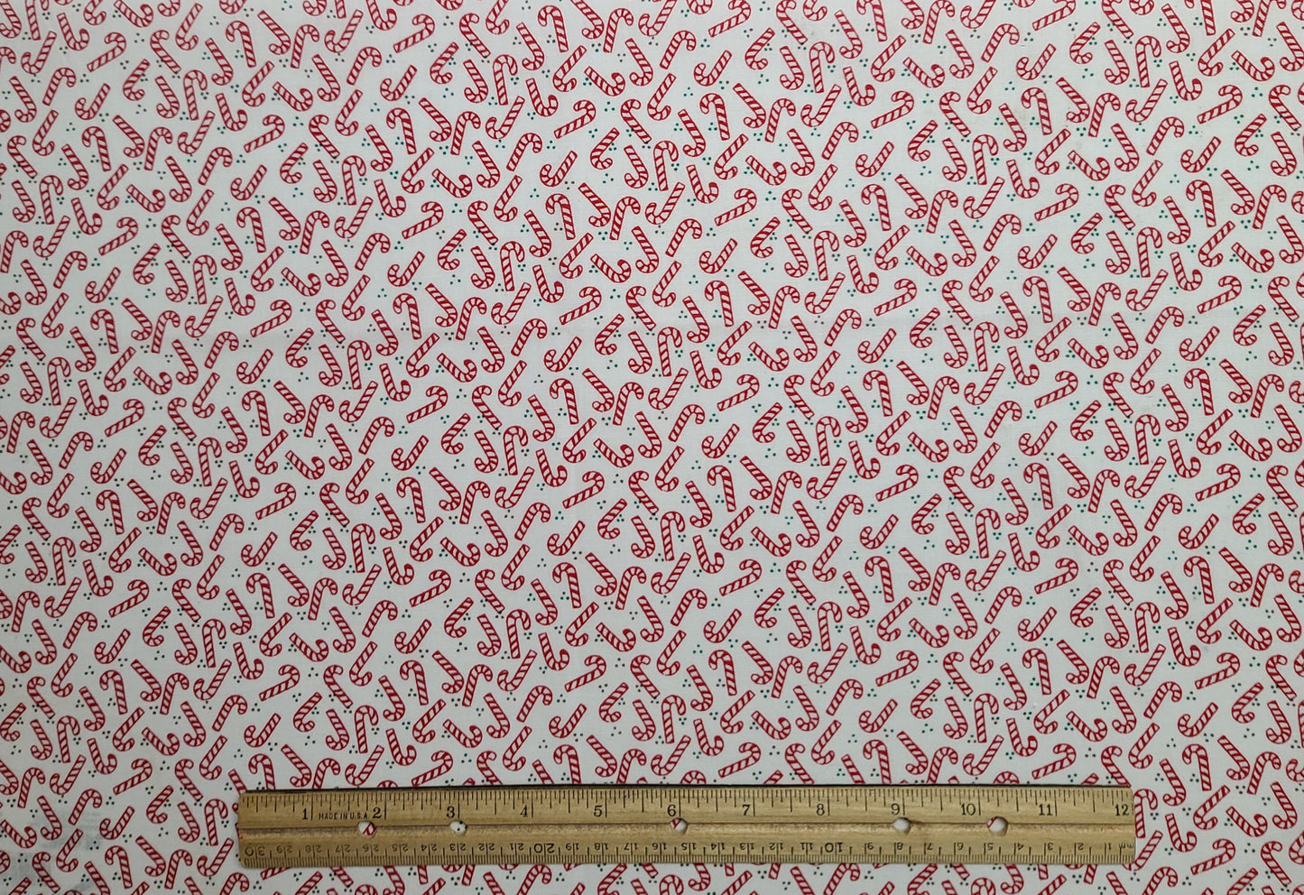 White Fabric / Tossed Red and White Candy Cane / Green Dot Print