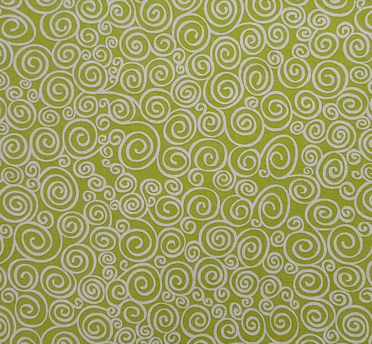 Lime Green Tonal Fabric / White Scroll Print - Selvage to Selvage Print
