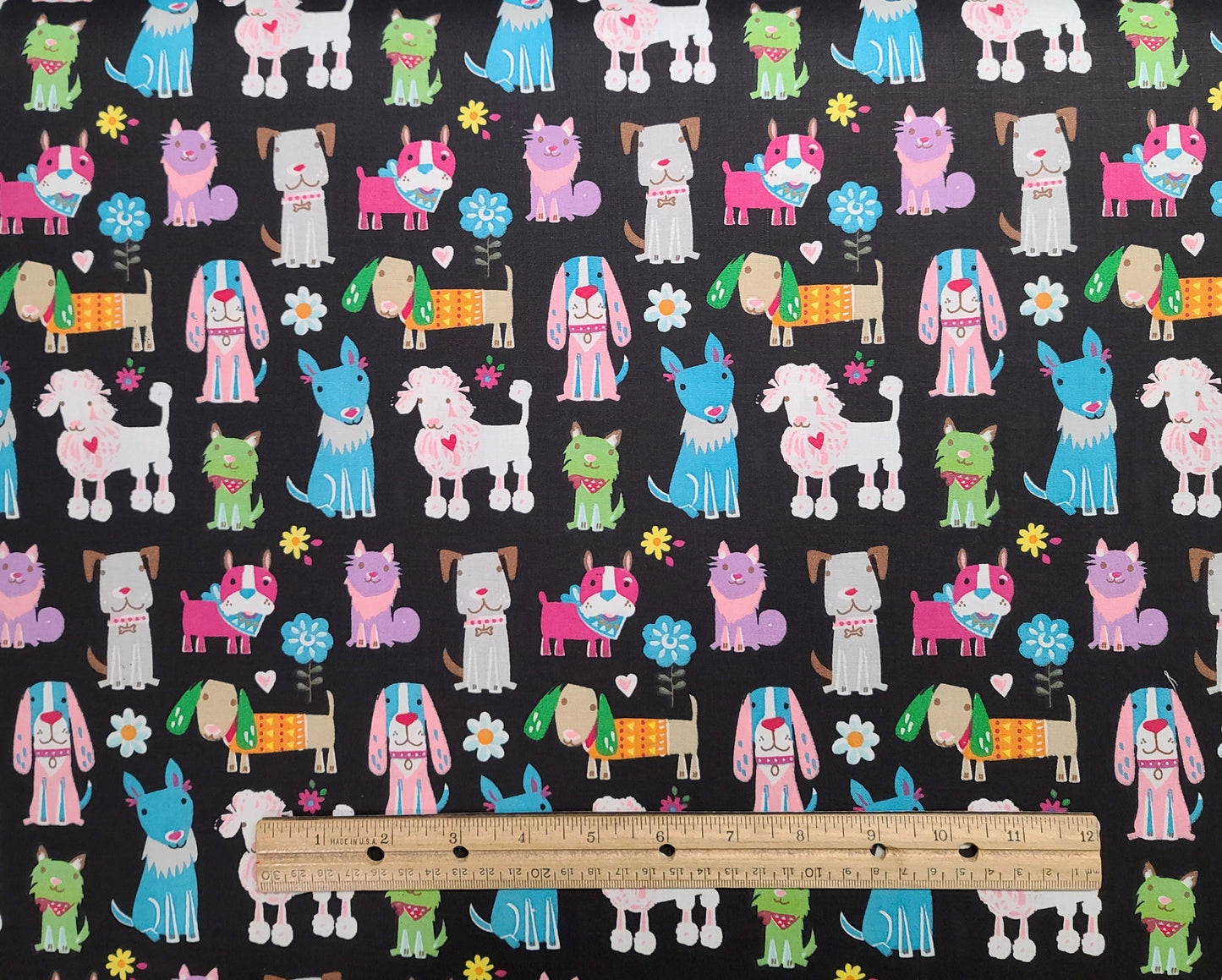 Black Fabric / Bright Pastel Colored Cartoon-Style Dog and Cat Print - Selvage to Selvage Print