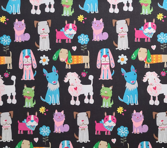 Black Fabric / Bright Pastel Colored Cartoon-Style Dog and Cat Print - Selvage to Selvage Print