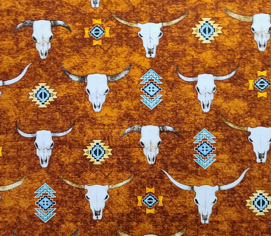 Dan Morris Design 2017 for QT Fabrics - Rust Tonal Fabric / Western-Style Steer Skulls and Southwest Medallion Print