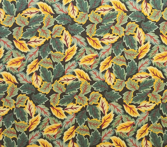 Jasmine by Mostek for Clothworks - Black Fabric / Yellow, Green, Red Leaf Print