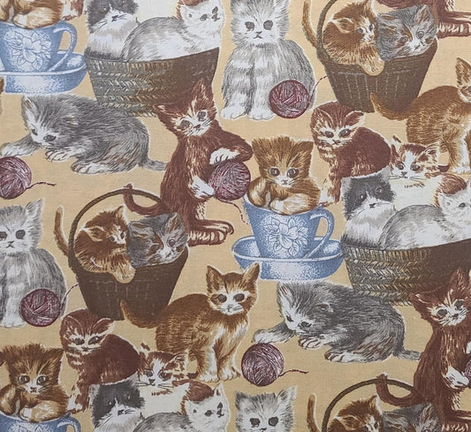 Rainbow Rascals by Hoffman International Fabrics - Tan Fabric / Kittens in Baskets and Tea Cups