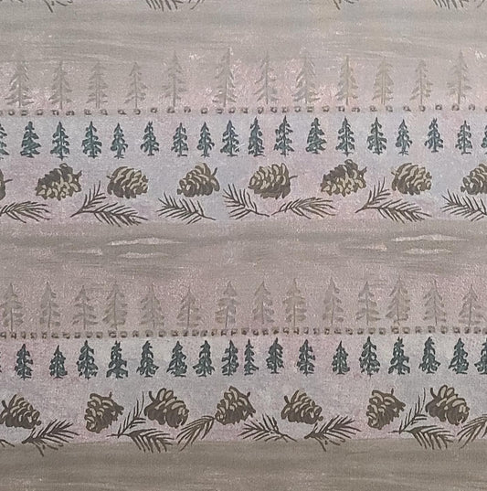 JoAnn Fabrics - Horizontal Stripe (Selvage to Selvage) Fabric - Gray, Brown, Green Pinecone and Pine Tree Print