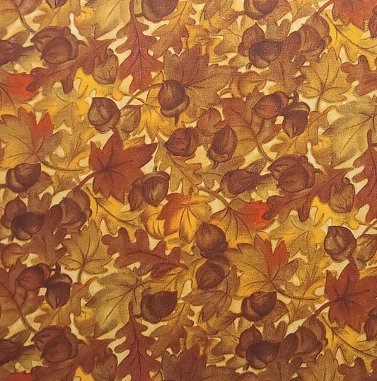 2006 David Textiles Inc - Gold Fabric / Brown, Rust Acorn and Leaf Print