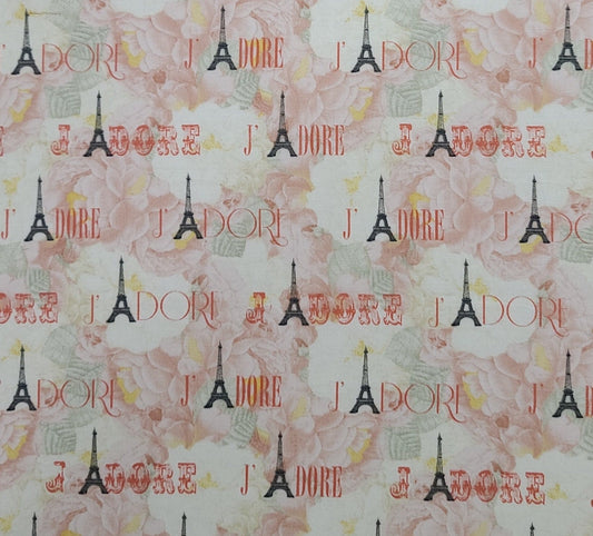 Jessica Mundo Timeless Treasures Fabrics Patt#JESSICA-C3565 - White, Pale Pink, Pale Green, Flower Print Fabric / J'Adore / Eiffel Tower