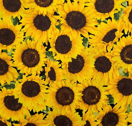 Timeless Treasures Fabrics of Soho Patt#FLEUR-C5253 - Black Fabric / Yellow, Brown Packed Sunflower Print