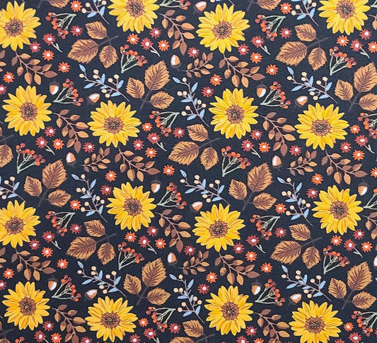 Black Fabric / Gold, Brown, Red, Blue Sunflower, Acorn, Berry Print - Selvage to Selvage Print