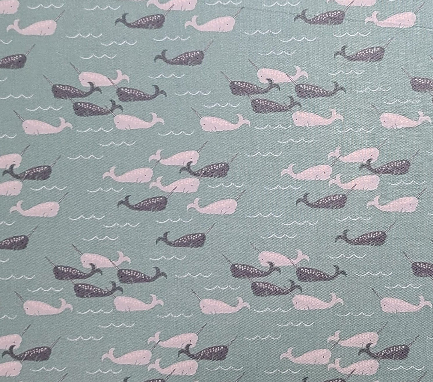 Lewis & Irene Threaded With Love Tales of the Sea D#A137 - Dark Seafoam Green Fabric / Dark and Light Gray Whale Print