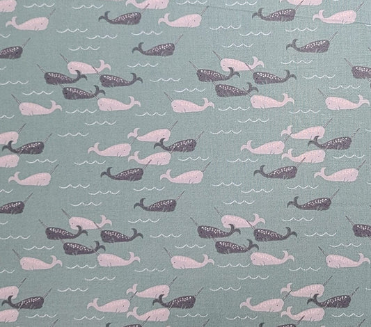 Lewis & Irene Threaded With Love Tales of the Sea D#A137 - Dark Seafoam Green Fabric / Dark and Light Gray Whale Print