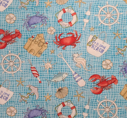 Surf's Up 21544 Julie Dobson Miner for Northcott - White, Teal Fabric / Beach, Shrimp Boil Theme Print / Life Preserver, Crab, Sand Castle