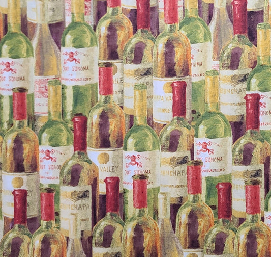 Uncorked Danhui Nai Licensed to WP - Cream, Green, Red, Brown Allover Wine Bottle Print Fabric