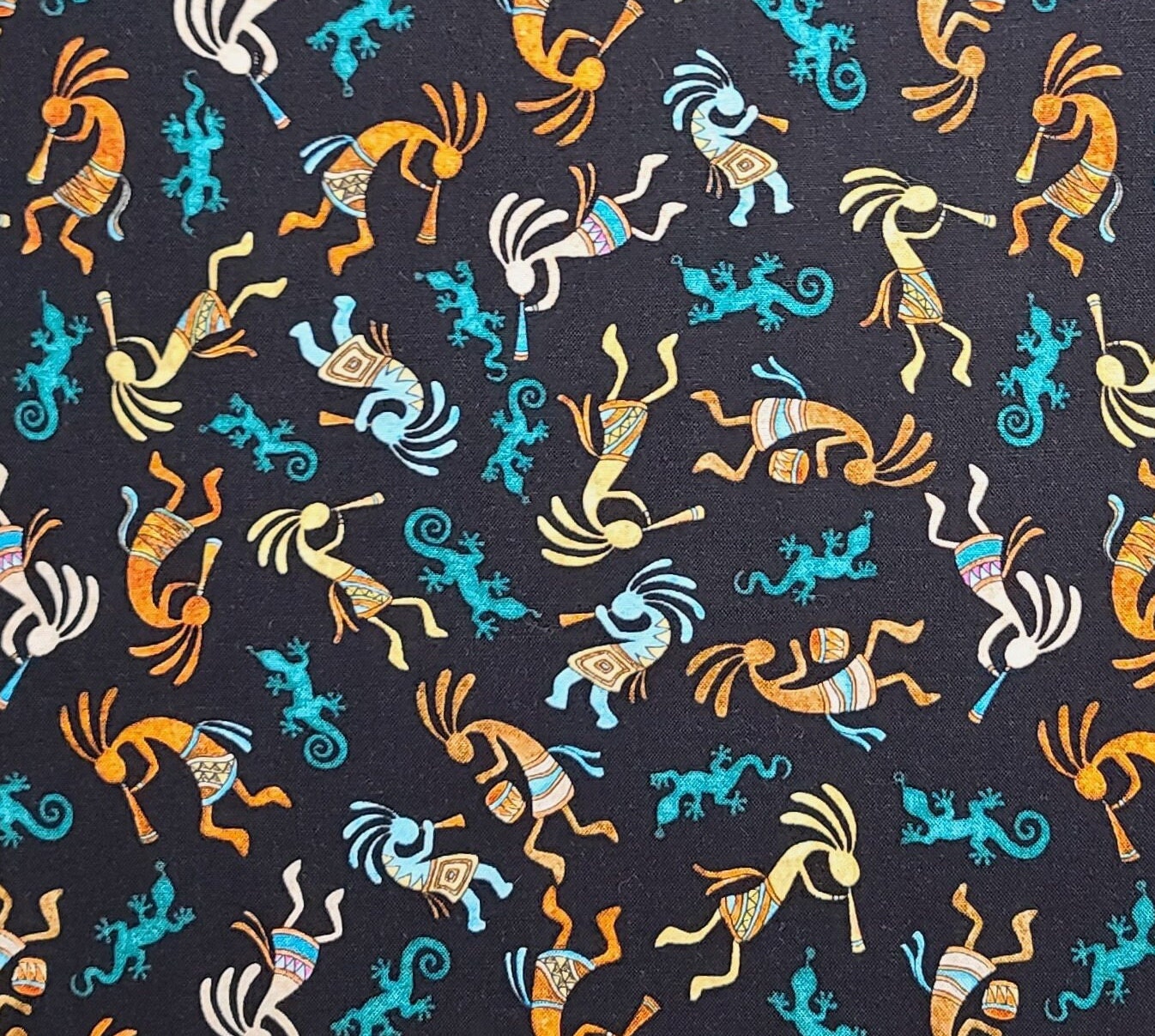 Dan Morris Design 2017 for QT Fabrics - Black Fabric / Turquoise, Brown, Light Blue Kokopele / Green Gecko