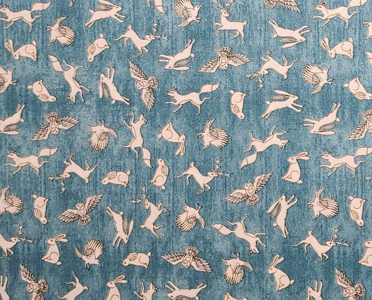 David Morris Design 2017 for Quilting Treasures - Teal Tonal Fabric / White Rabbit, Owl, Deer Tossed Print