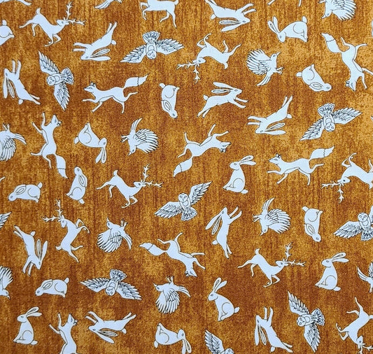 David Morris Design 2017 for Quilting Treasures - Rust Tonal Fabric / White Rabbit, Owl, Deer Tossed Print