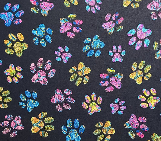 EOB - Dan Morris Design 2017 for QT Fabrics - Black Fabric / Brightly Colored Paw Prints