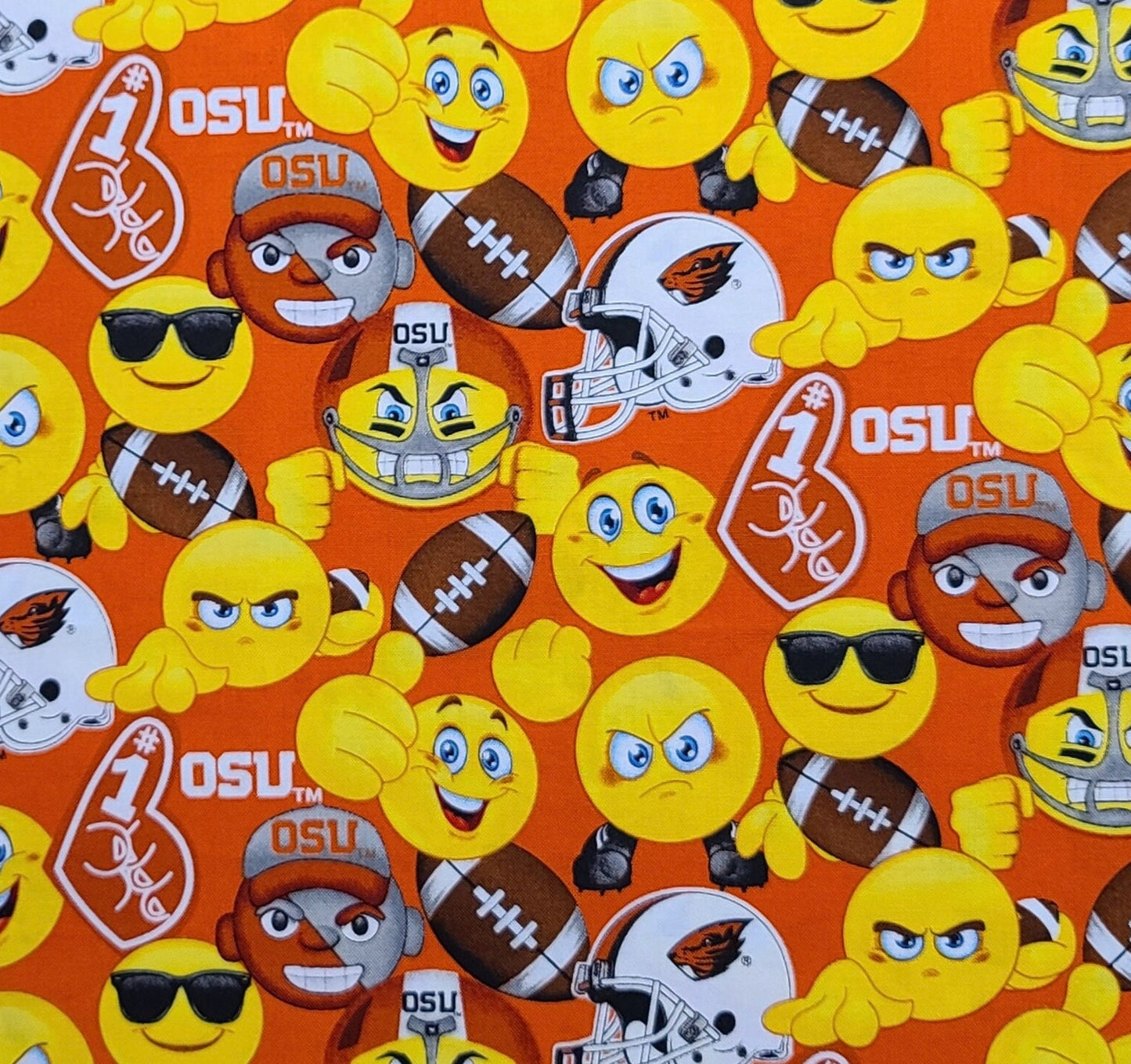 Sykel Ent Fabrique Innovations Pattern #OS1124 Licensed to Oregon State University - Orange Fabric / Yellow Emojis, Football / OSU