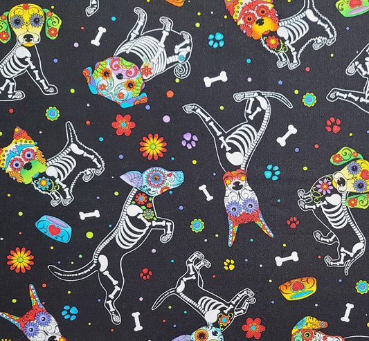 Timeless Treasures Fabrics of SoHo Patt#DOG-C4640 - Black Fabric / Dia de Los Muertos Dog and Flower Print