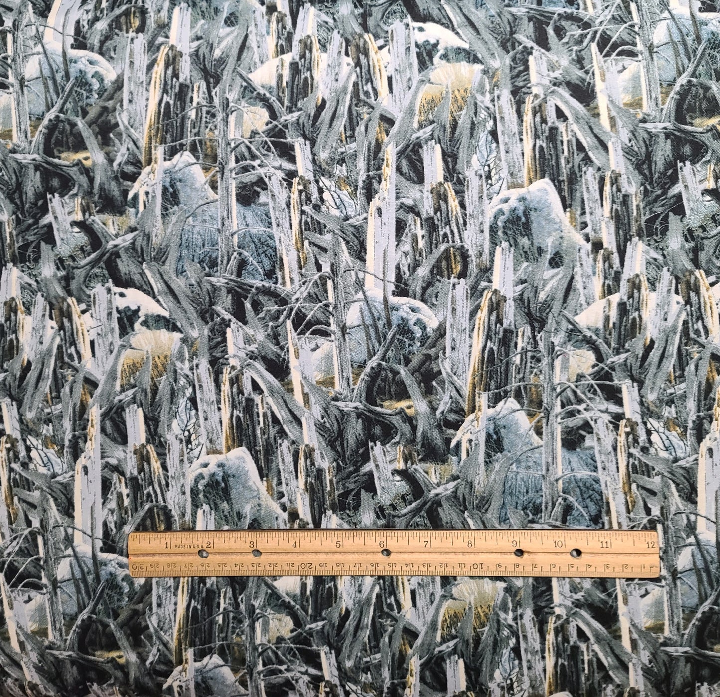 Snowy Silence Rod Frederick SSI - Black, Teal, Gray, Gold Snow on Timber Print Fabric