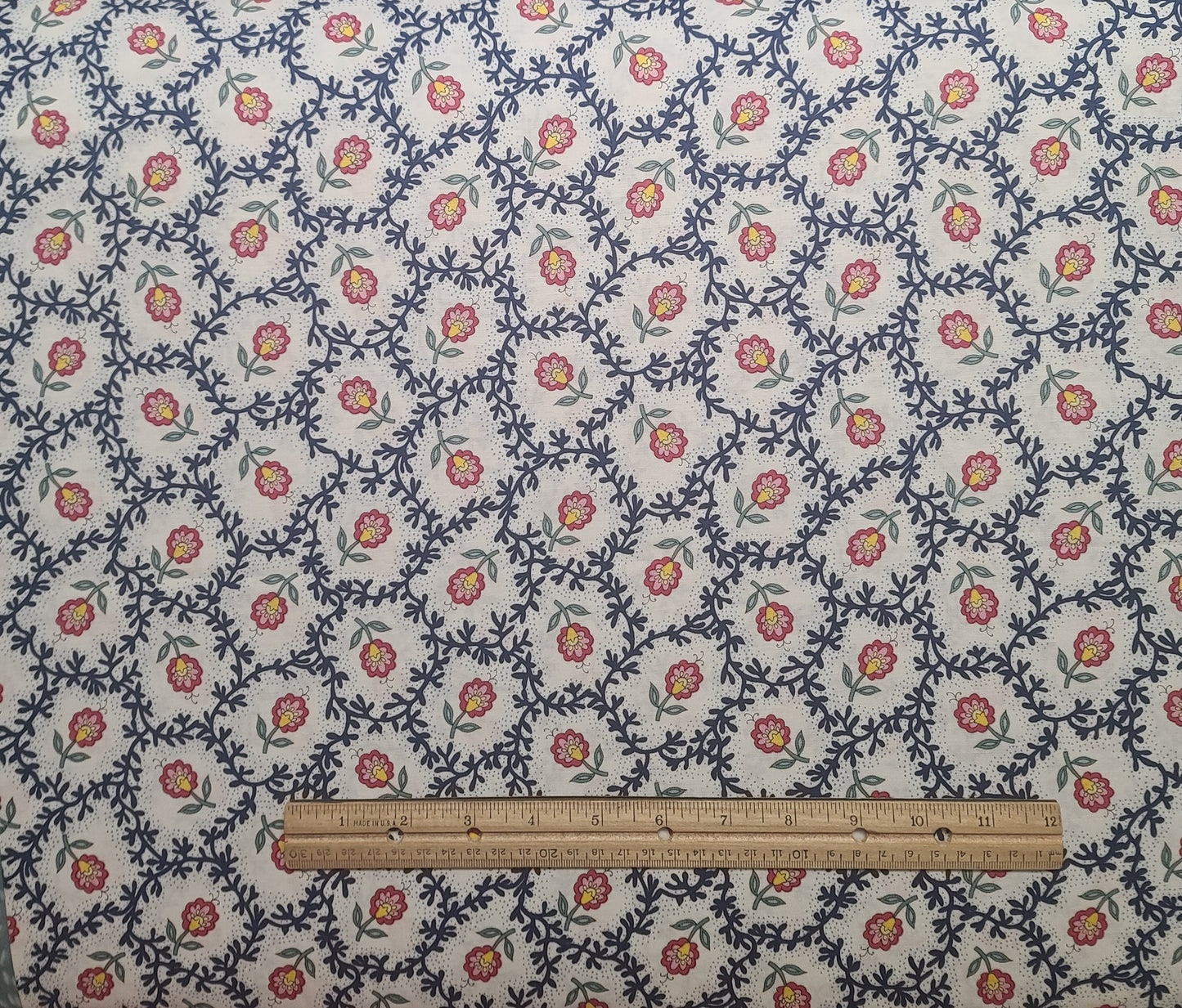 EOB - Provence II by Doreen Speckman for Clothworks - White Fabric / Dark Blue Vine / Red, Pink Flower Print