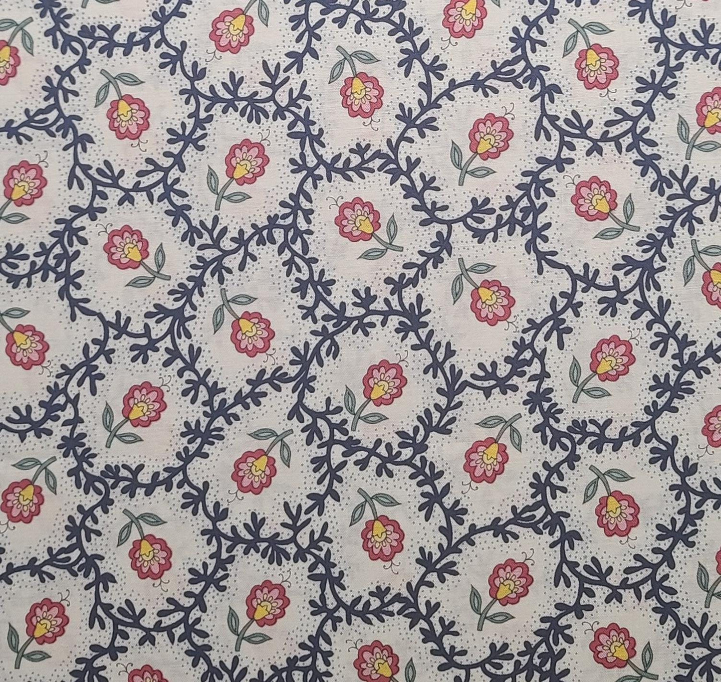 EOB - Provence II by Doreen Speckman for Clothworks - White Fabric / Dark Blue Vine / Red, Pink Flower Print