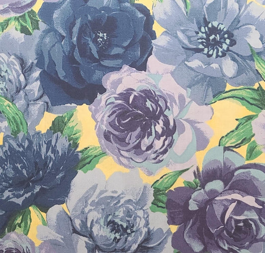 Rose Cottage #2063 by Ro Gregg Northcott Studio - Yellow Fabric / Blue, Purple Rose Print