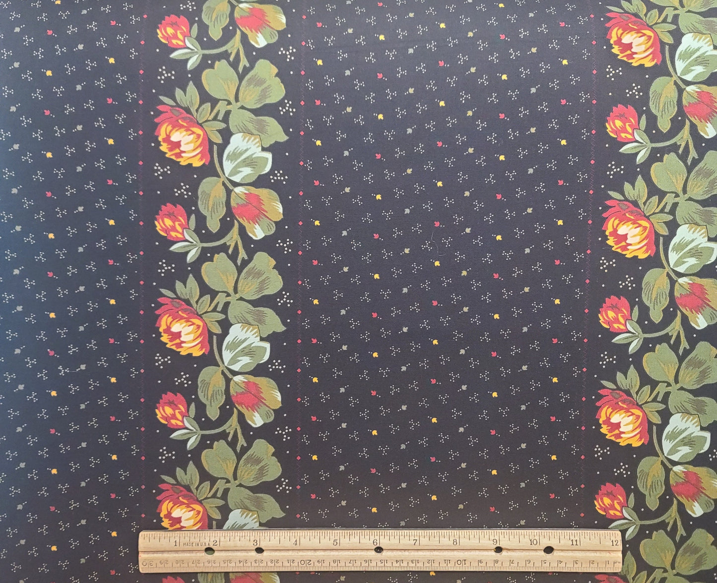 Jo's Friends & Ladies Jo Morton Andover Fabrics Pattern #2643-Black Fabric/Red, Green, Gold Flower Border Stripe (Parallel to Selv) Fabric