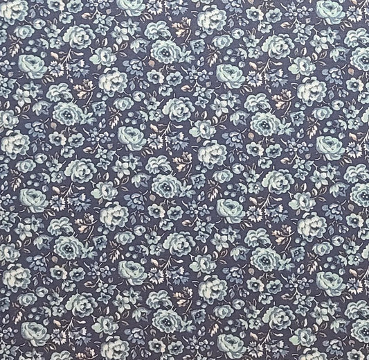 Dark Blue Fabric / Blue, White Flower Print - Selvage to Selvage Print