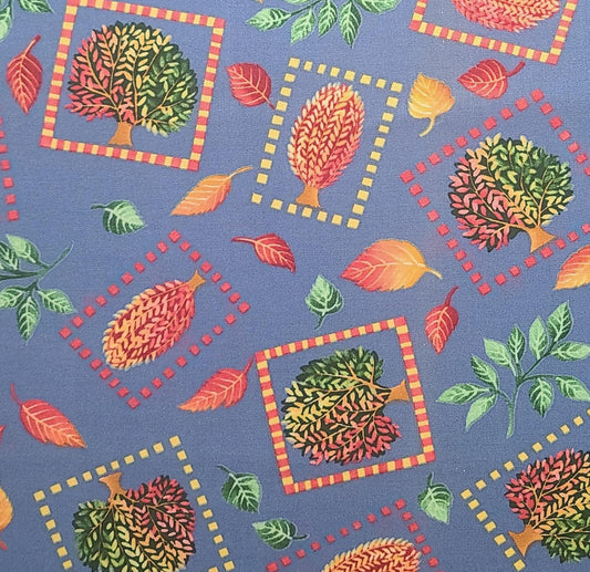 Seasons by Christine Graf for Clothworks - Blue Fabric / Tree Block and Tossed Leaf Print