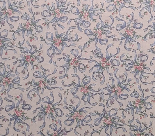 Joan Kessler for Concord Fabrics Inc - Pale Pink Fabric / Pink, Light Blue Flower and Ribbon Print