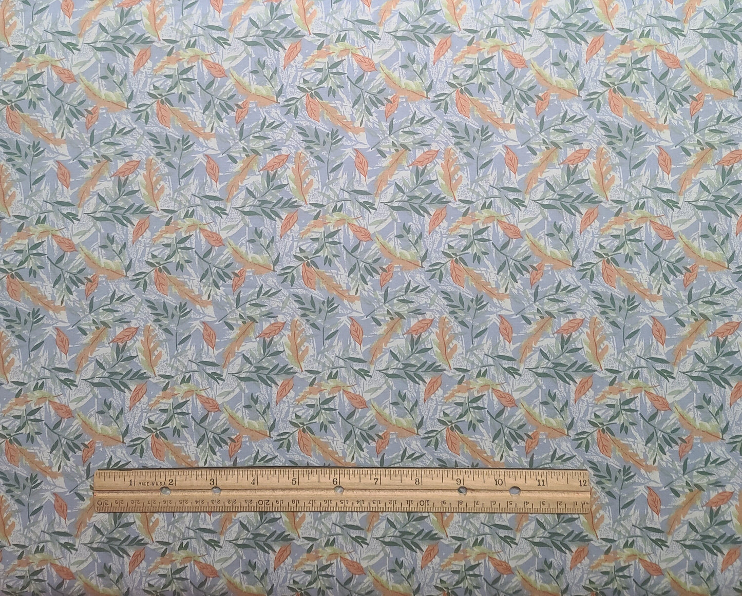 Blue/Gray Fabric / Green, Light Orange Leaf Print - Selvage to Selvage Print