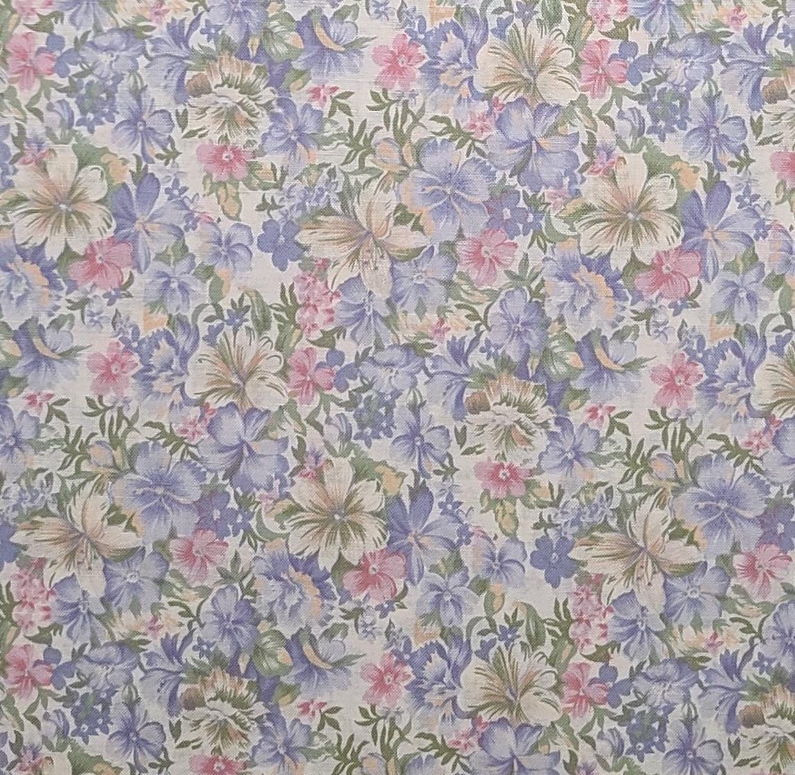 Daisy Kingdom #3952 Florence Allover Springs Industries - Soft White Fabric / Periwinkle, Tan, Green Flower Print