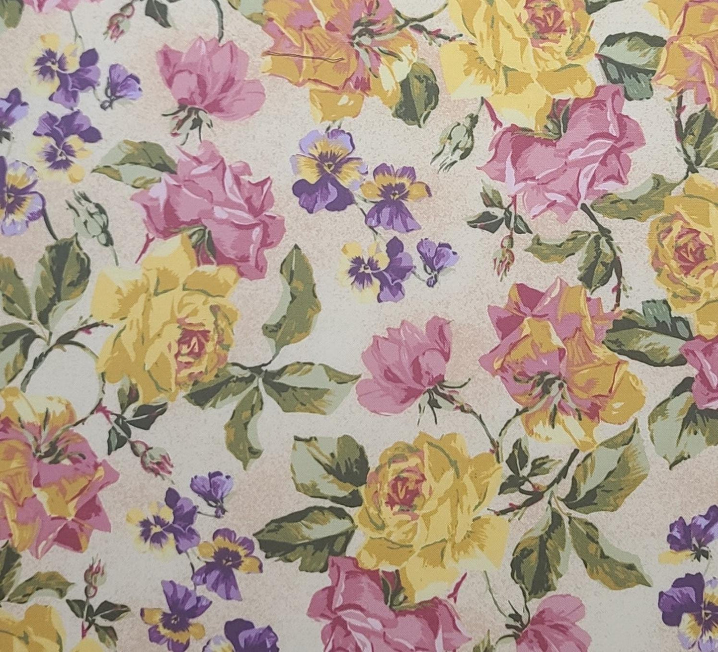 Rose Cottage #2067 by Ro Gregg Northcott - Yellow Tonal Fabric / Pink, Yellow, Purple Large Rose and Pansy Print