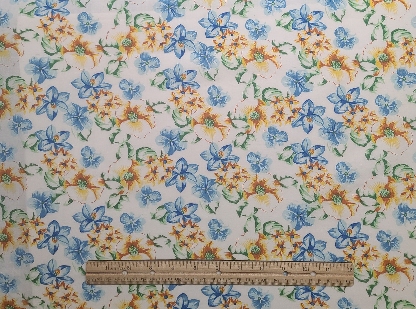 60" WIDE White Fabric / Blue, Gold, Green Flower Print - Selvage to Selvage Print