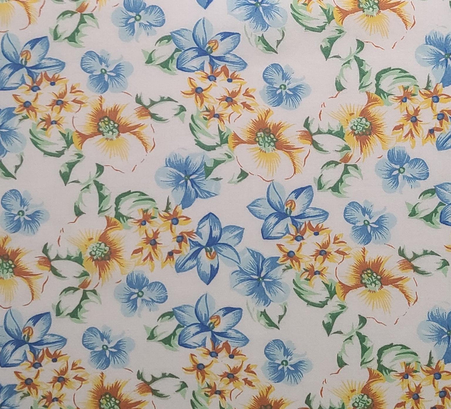 60" WIDE White Fabric / Blue, Gold, Green Flower Print - Selvage to Selvage Print