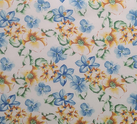 60" WIDE White Fabric / Blue, Gold, Green Flower Print - Selvage to Selvage Print