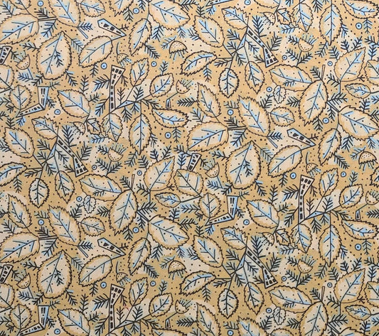 Tree Party by Jane Kriss for Quilters Only - Gold Fabric / Cream, Blue, Black Leaf Print