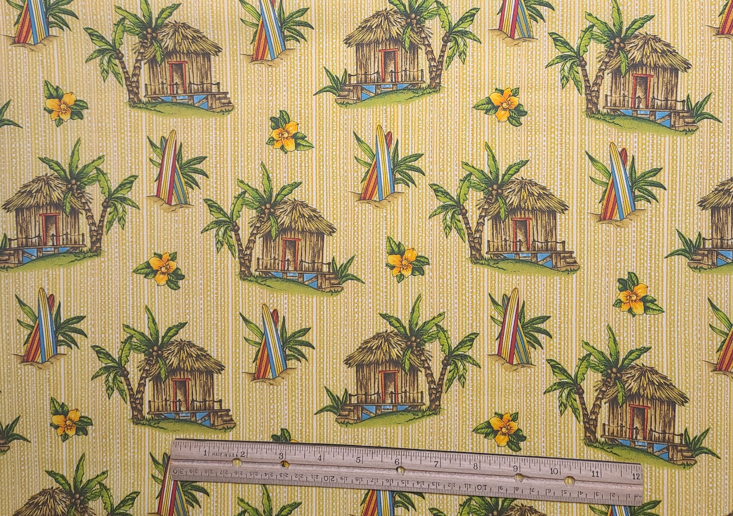 Leslie Beck by VIP Cranston Print Works - Gold Border Stripe Print Fabric - Grass Hut / Surfboard / Flower Print