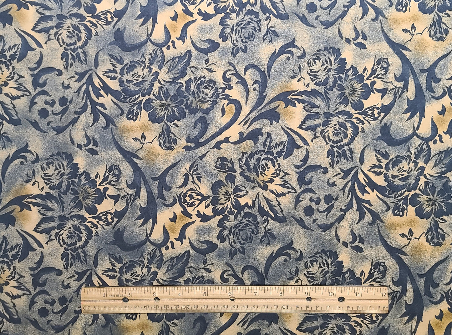 Beth Brusk for David Textiles - Tan Fabric / Midnight Blue Leaf, Flower, Scroll Print